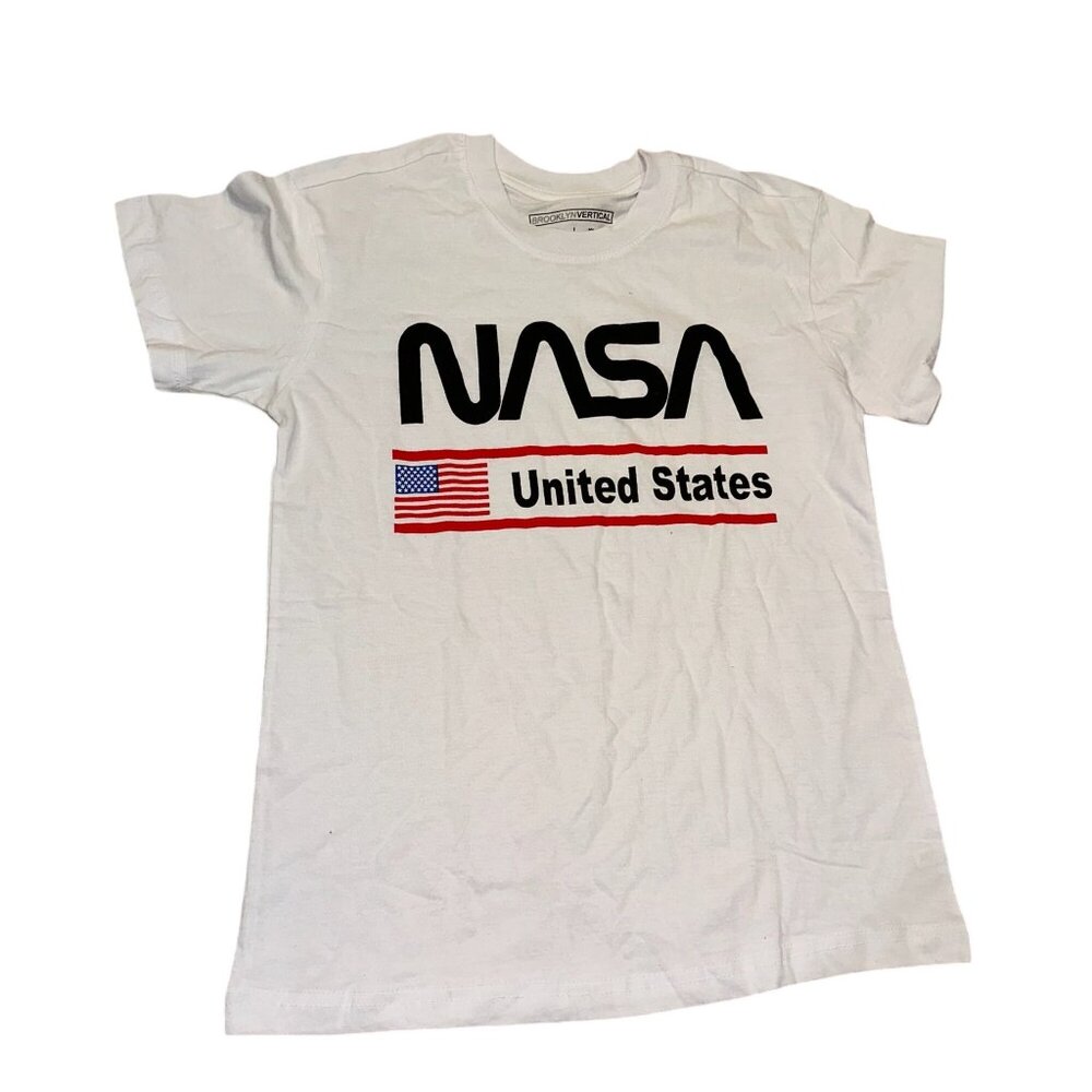 NASA United States Flag Graphic T-Shirt S Brooklyn Vertical 100% Cotton White Un